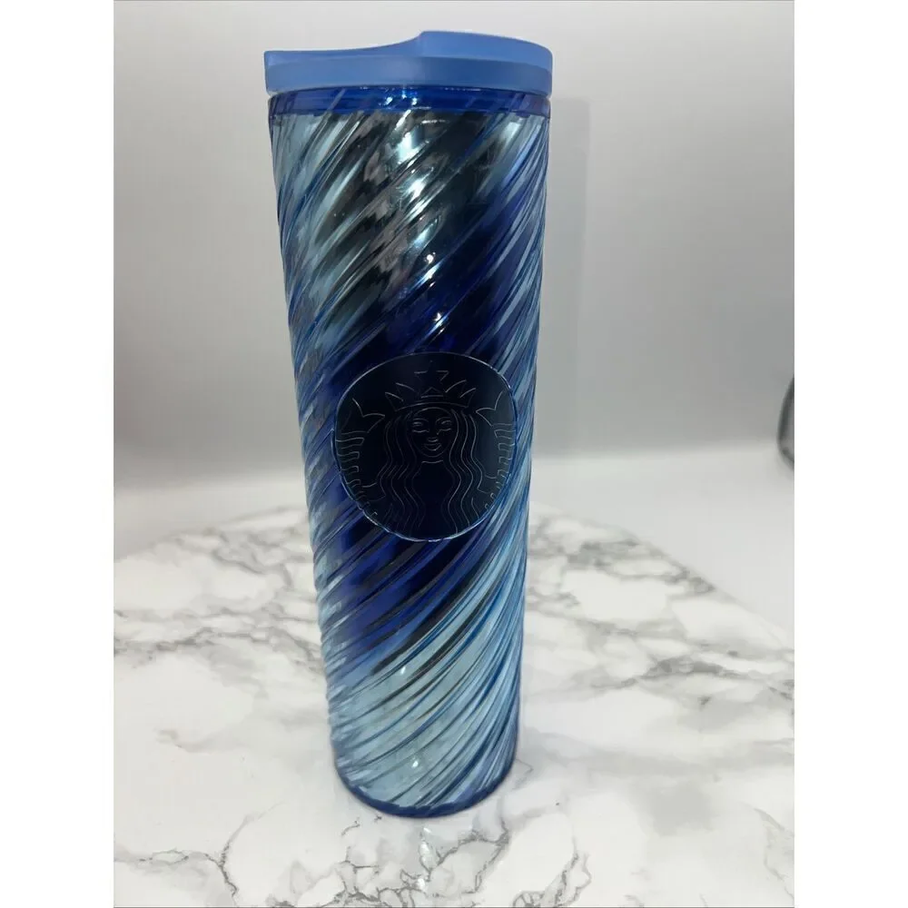 STARBUCKS Holiday 2023 Iridescent Icicle Ribbon Swirl Blue Sip Tumbler 16oz